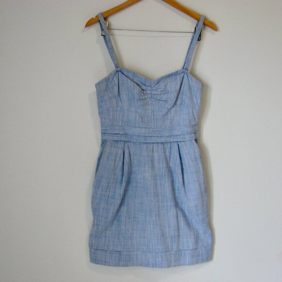 Aritzia Wilfred Blue Chambray Bustier Mini Dress Cotton Coastal Summer ~ Size 8 - Picture 1 of 12